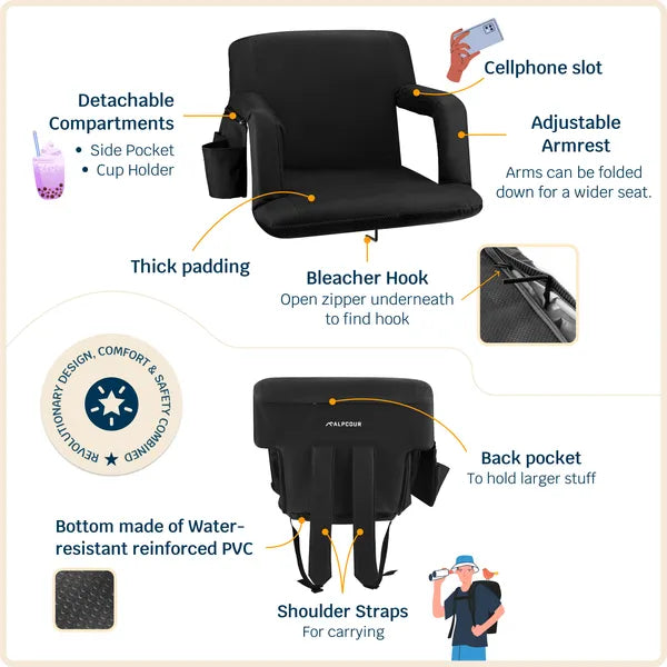 Alpcour Reclining Stadium Seat - Waterproof Foldable Camping Chair With Extra Thick Padding And Wide Back Support - view 4