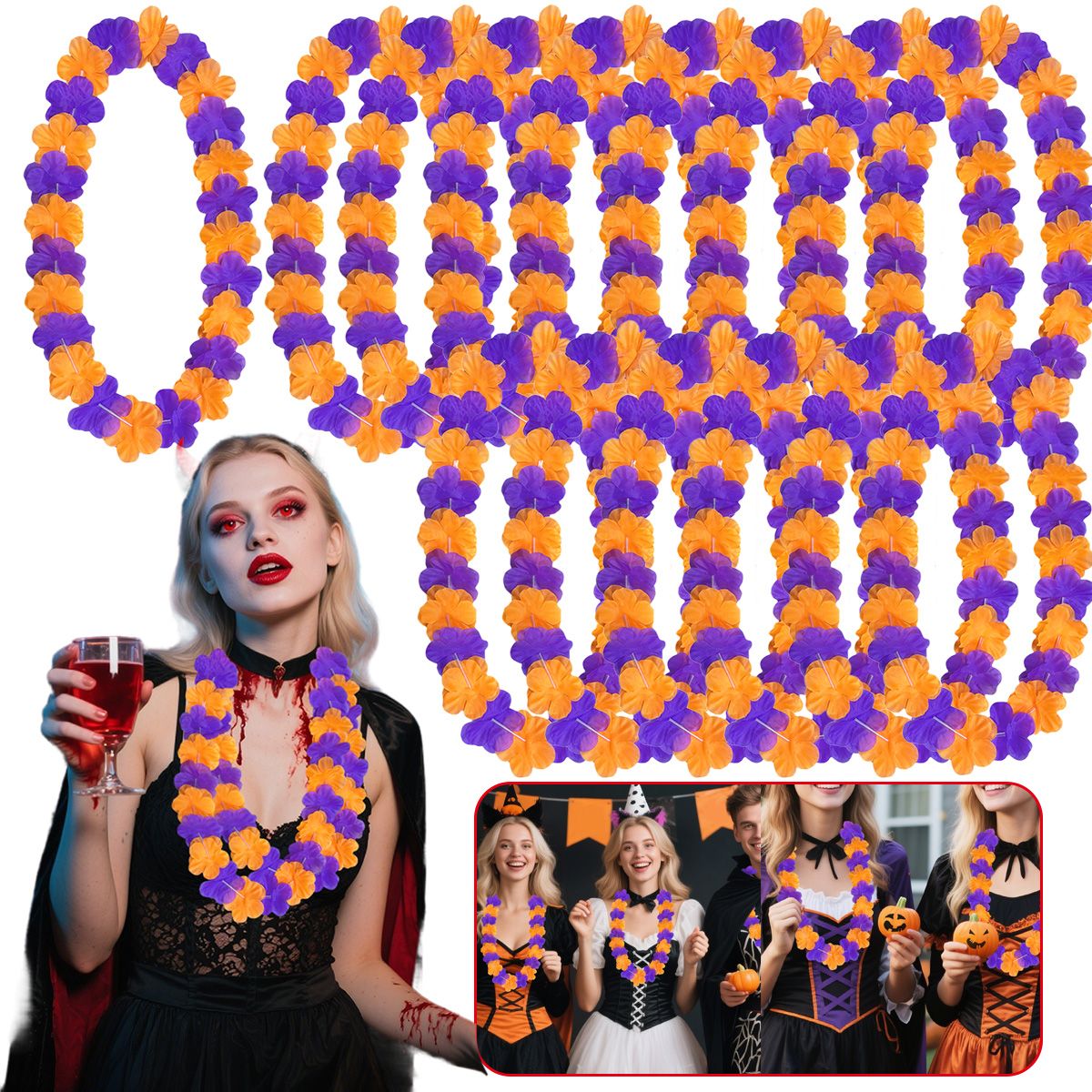 24 Pcs Halloween Leis Hawaiian Leis Necklace Tropical Flower Lei Floral Luau Party Decorations Orange Purple Dance