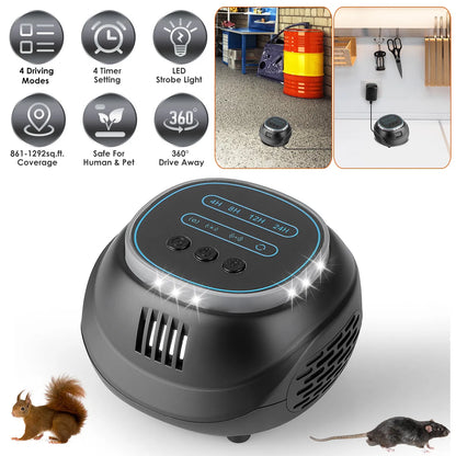 Ultrasonic Rodent Chaser Rat Repellent Pest Driver Mouse Control Squirrel Repeller With 4 Modes 4-65KHz Strobe Light