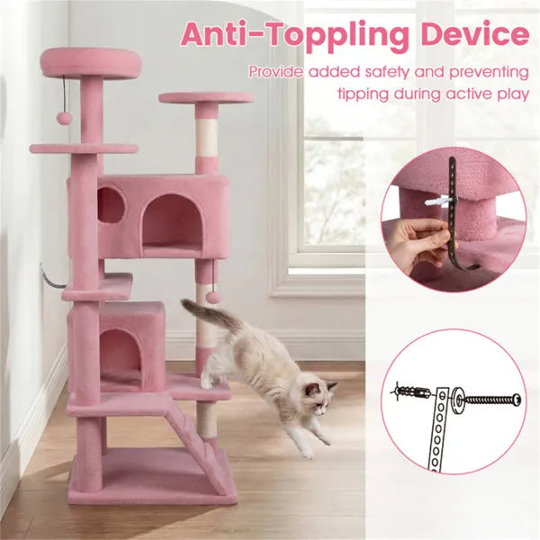 52" Tall Cat Tree Tower With Perches & Condos, Multi-Cat Playground With Scratching Posts (Pink) - view 4