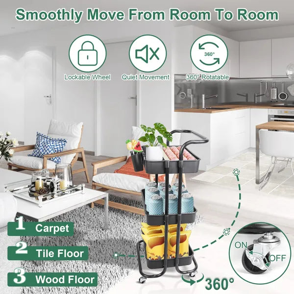 3 Tier Rolling Utility Cart Movable Storage Organizer With Mesh Baskets Lockable Wheels 360 Degree Rotatable Hanging - view 4