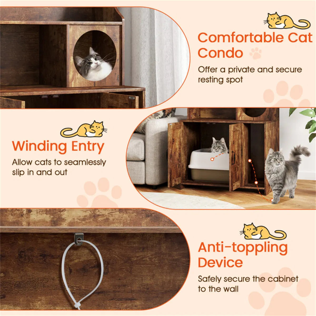Wooden Hidden Cat Litter Box Enclosure with Storage Shelves Anti-Toppling Design Industrial Style Brown - view 8