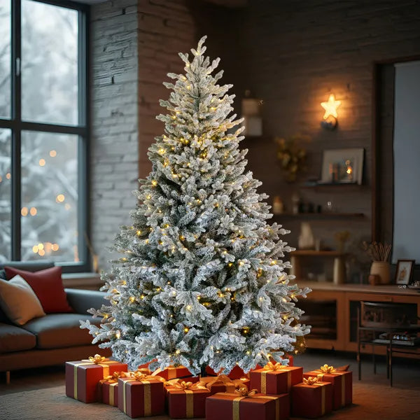 7 FT Pre-lit Snow Flocked Christmas Tree, Artificial Hinged Xmas Pine Tree With 1100 Branch Tips - view 9