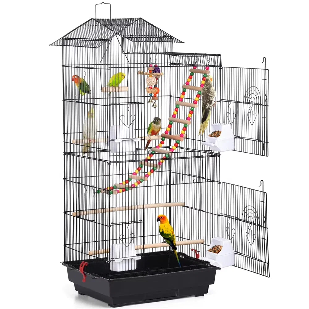 39" H Metal Bird Cage Large Roof Top Huge House for Small Birds, Black