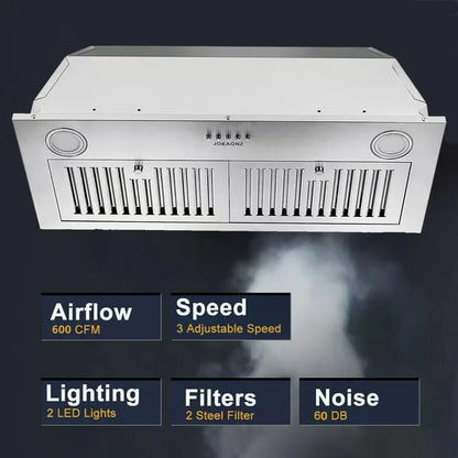 30 Inch Insert Range Hood 600 CFM; Built-in Stainless Steel Range Hoods With Right Button Controls And Back LED Lights - view 3