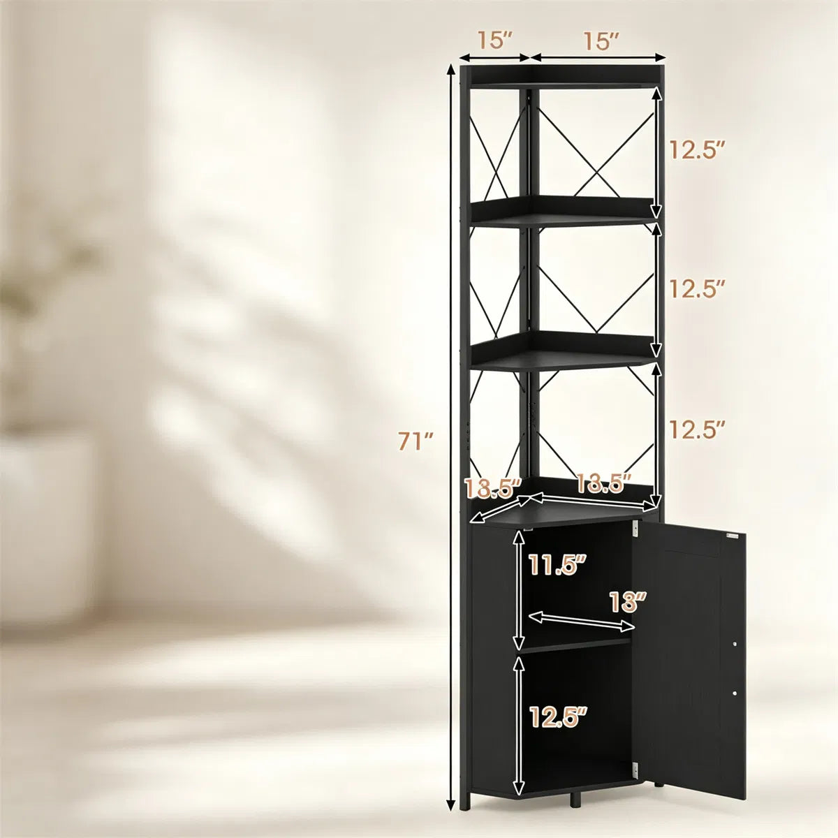 Freestanding Corner Display Shelf, Black Engineered Wood & Metal Bookcase with Concealed Cabinet - view 3