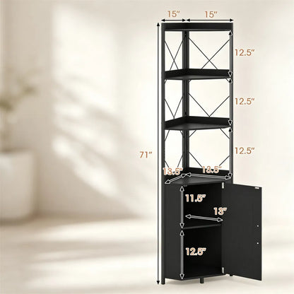 Freestanding Corner Display Shelf, Black Engineered Wood & Metal Bookcase with Concealed Cabinet - view 3