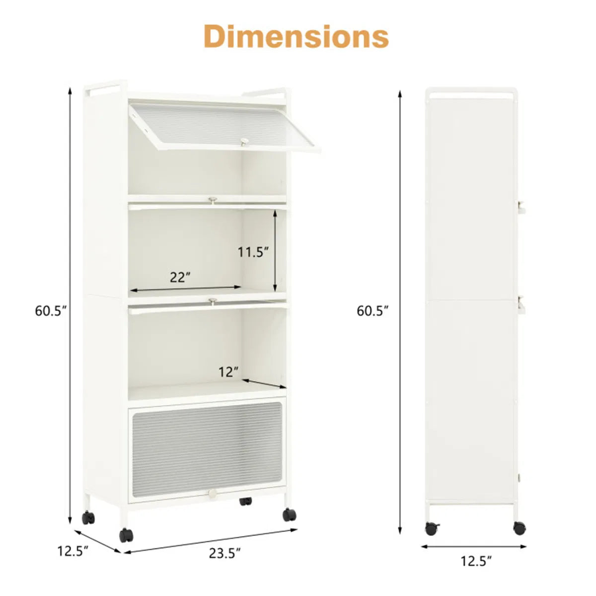 5-Tier Rolling Microwave Stand Flip Dust-Proof Doors 4 Casters with Brakes Kitchen Storage Rack White - view 4