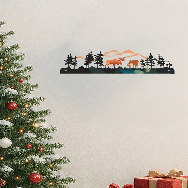 Vintage Moose Winter Forest Christmas Tree Wall Art Iron Decor For Living Room Bedroom Entryway - view 5