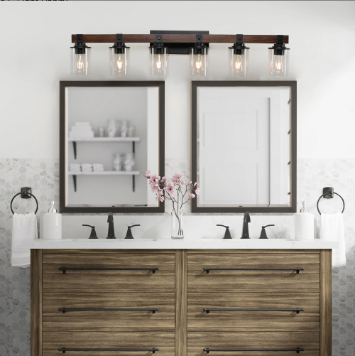 42 Inch Rustic 6-Light Vanity Light, Industrial Bathroom Wall Sconce With Glass Shades And Wood Accent - view 8