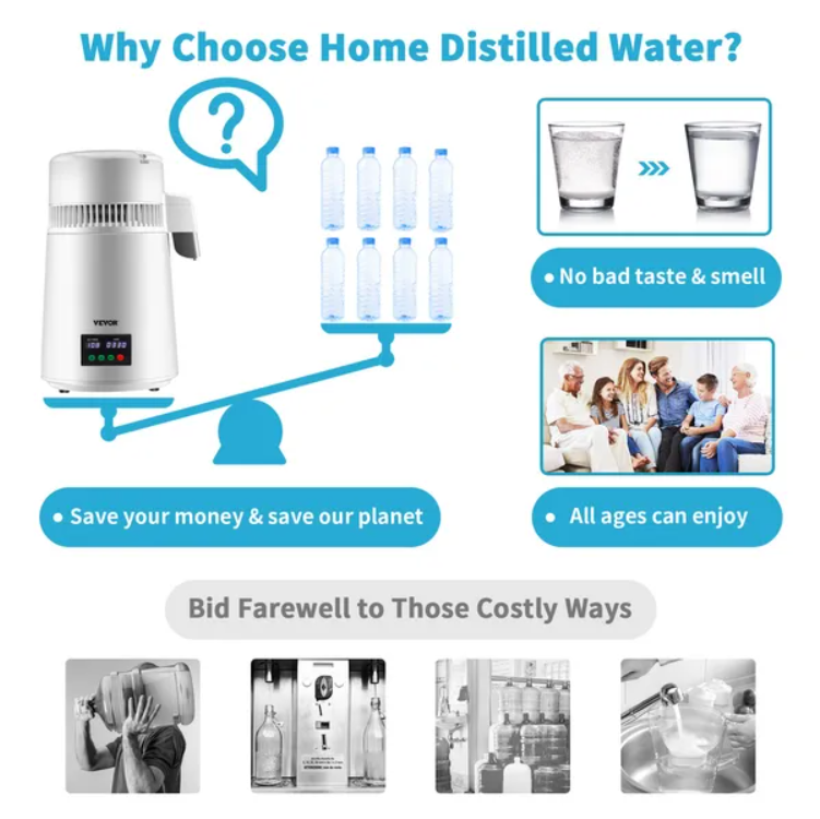 VEVOR 1.1Gal Water Distiller, 0.3Gal H, 750W Distilled Water Maker Machine 0-99H Timing Set Temp Display - view 4