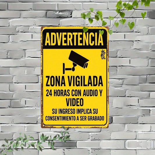 Vintage Spanish 24 Hour Audio Video Recording Warning Metal Sign, 7.87x11.81 Inch Surveillance Notice Plaque - view 2