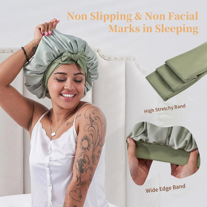 Silk Bonnet For Sleeping Women, Satin Hair Bonnet For Sleeping For Wavy Curly Natural Hair Women Men - Green - view 3