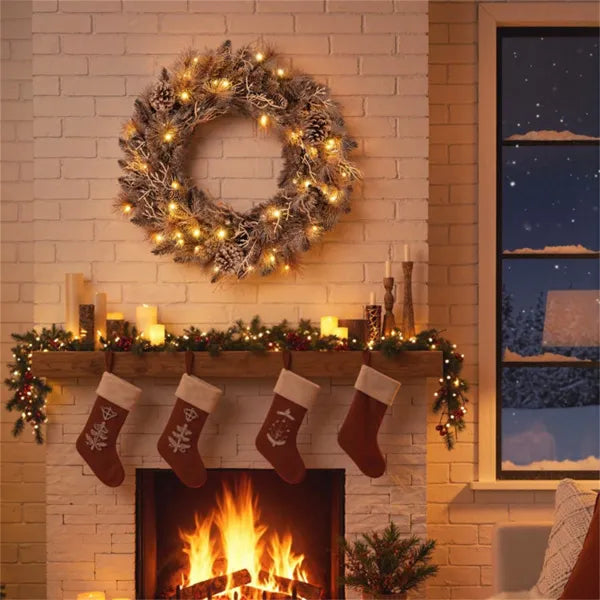 24" Pre-Lit Christmas Wreath - 35 Warm White LEDs+6 Pine Cones, 105 Branch Tips (Brown) - view 2