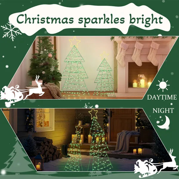 Set Of 2 Lighted Metal Christmas Tree Yard Decorations, Pre-lit Holiday Decor With 150 Green And Warm White LED Lights - view 3
