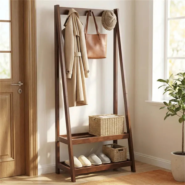 100% Solid Rubber Wood Freestanding Coat Rack, A-Frame Stable Garment Hanger With 3 Hooks & 2 Shelves - view 4