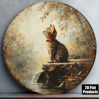 Vintage Tabby Cat Wall Art, Tabby Cat Wall Art, Wall Art, Round Kitten Plaque With Waterfall Stream - view 4