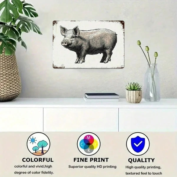 1pc Vintage Cartoon Pig Metal Sign, 8x12 Inch Cute Animal Tin Wall Art - view 5