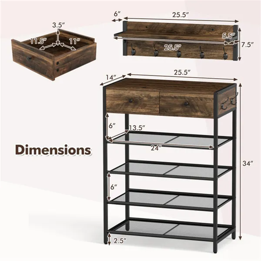 Multifunctional Entryway Storage - 5-Hook Coat Rack 2-Drawer Shoe Stand With 4 Mesh Shelves - view 2