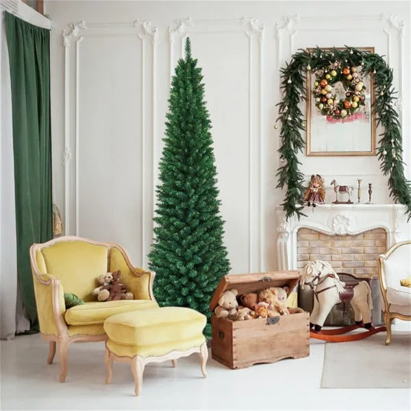 8ft Slim Pencil Christmas Tree - Space-Saving Design For Small Corners, 1000 Realistic PVC Branches With Flocked Finish - view 4