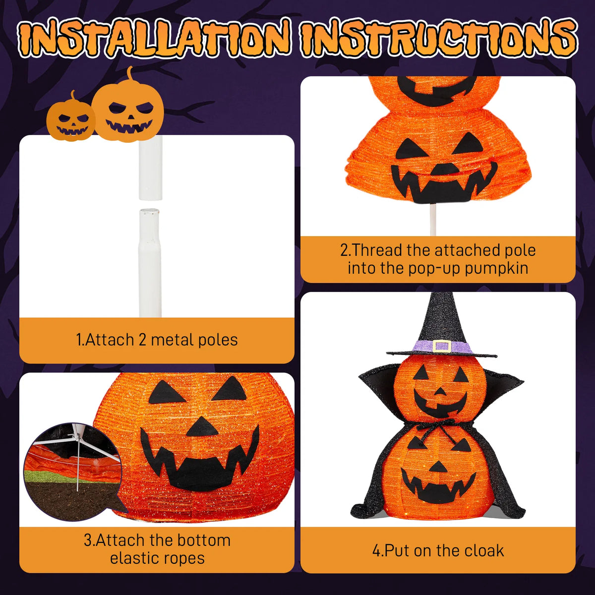 2Packs 3FT Halloween Collapsible Lighted Pumpkin Decoration, 176 LED Pop-Up Pumpkin Lamp with Cape - view 7