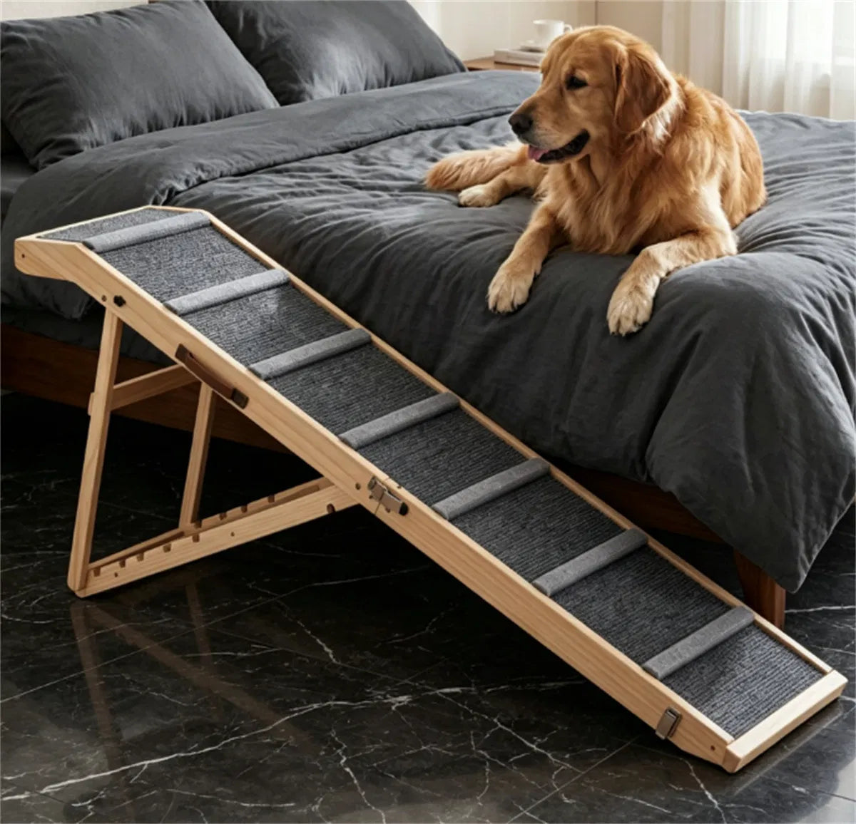6-Level Adjustable Foldable Pet Ramp, Solid Pine Wood Non-Slip Dog Stairs with Side Rails - view 7
