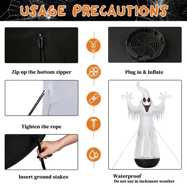 12ft Inflatable Halloween Decor Half-Body Clear PVC White Ghost With 2 LED Lights & 1 Stage Light, Black & White - view 2