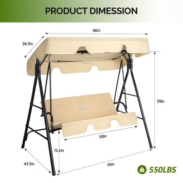68x43x60 Inch Khaki KD Model With Cushion Canopy Iron Oxford Fabric 250kg Iron Swing Set - view 4