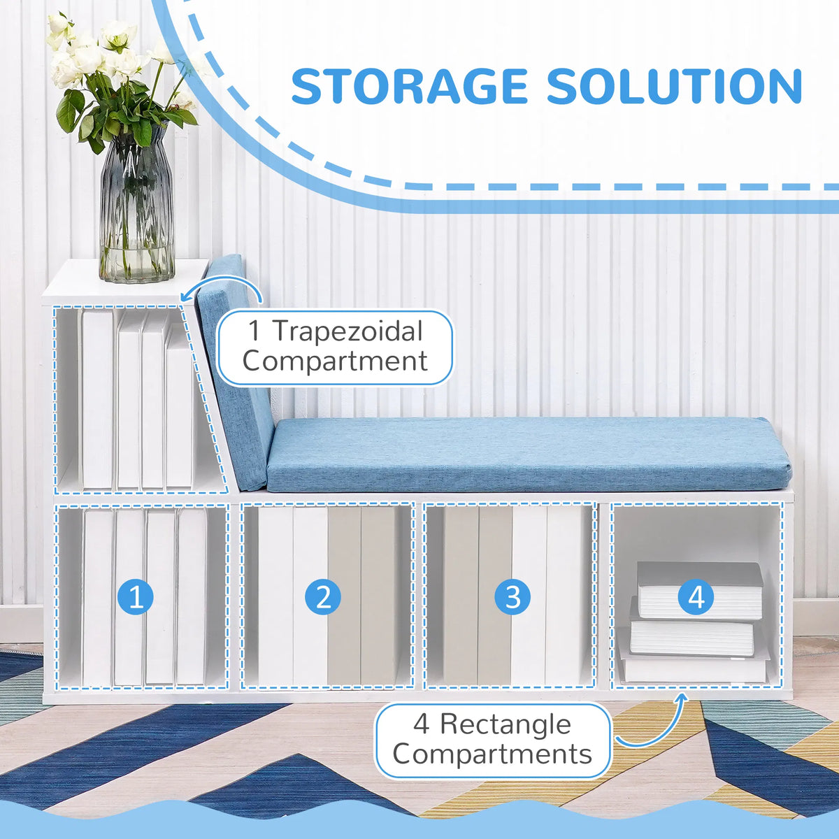 Multi-Purpose Bookshelf with 5 Cubes, 5-Cubby Bookcase with Cushioned Reading Nook and Storage Shelves, Blue - view 3