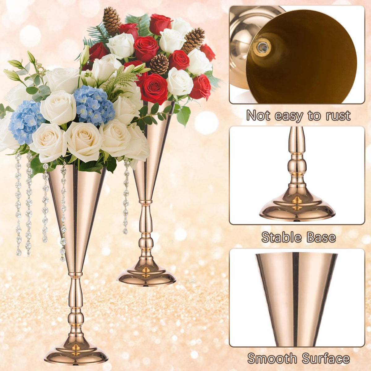 Golden Vase Flower Wedding Centerpieces For Tables 14 In Tall Flower Display Stand Wedding Metal Flower Arrangement - view 4