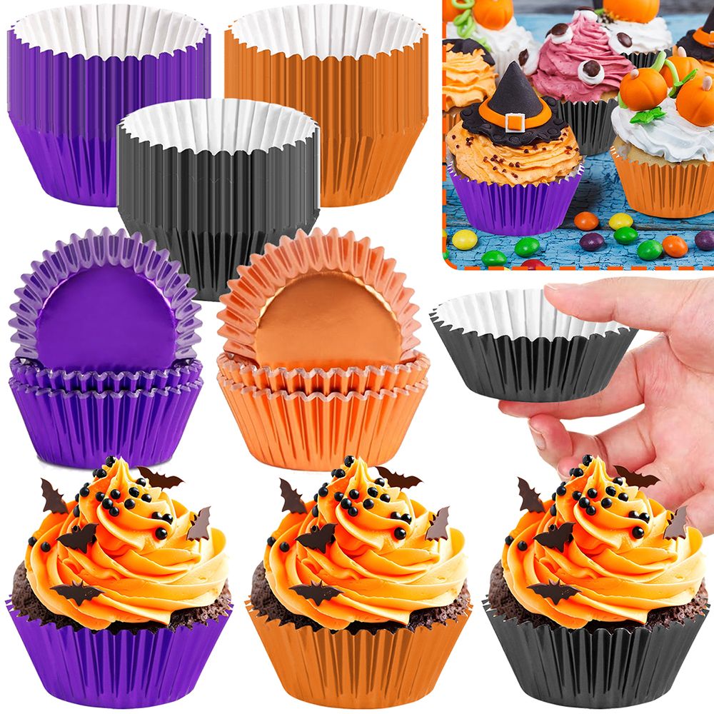 300 Pcs Halloween Foil Cupcake Liners Black Purple Orange Foil Metallic Cupcake Wrappers Halloween Party Standard