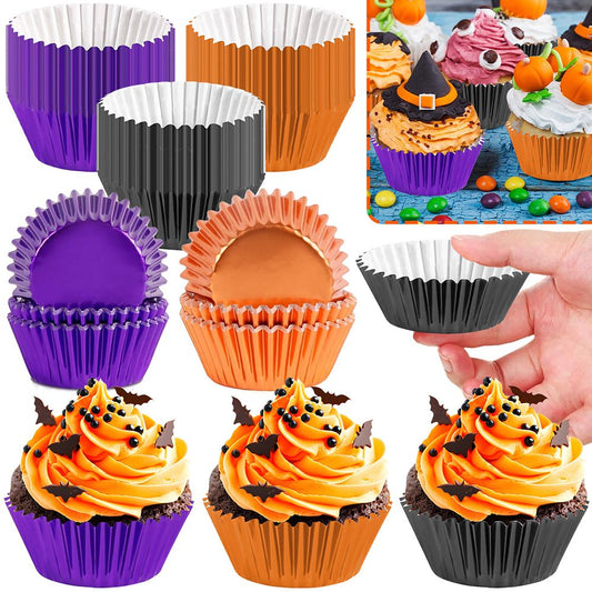 300 Pcs Halloween Foil Cupcake Liners Black Purple Orange Foil Metallic Cupcake Wrappers Halloween Party Standard
