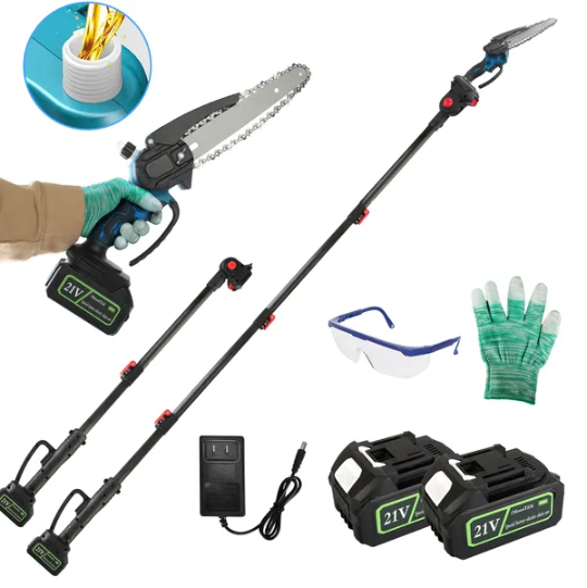2-In-1 8' Cordless Electric Pole Saw And Mini Chainsaw With Extension Poles 2Pcs 21V 3.0Ah Batteries Adjustable Length