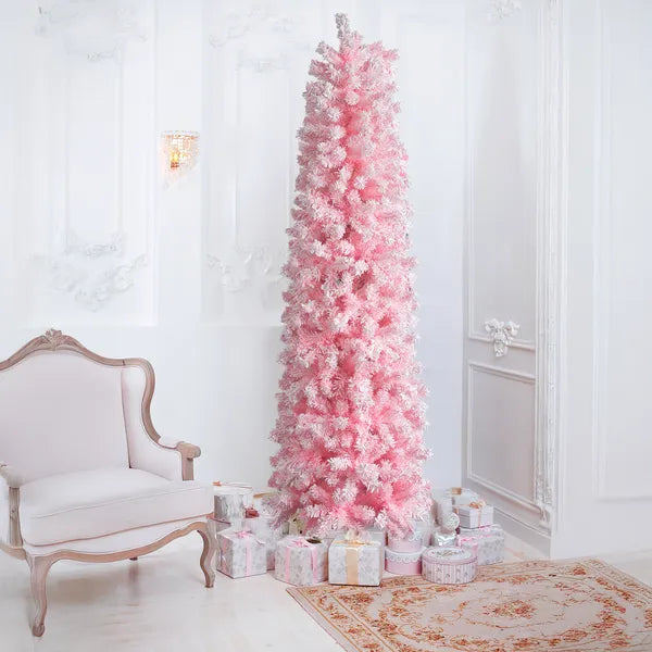 7.5 FT Snow Flocked Hinged Christmas Tree, Artificial Pencil Christmas Tree - view 3