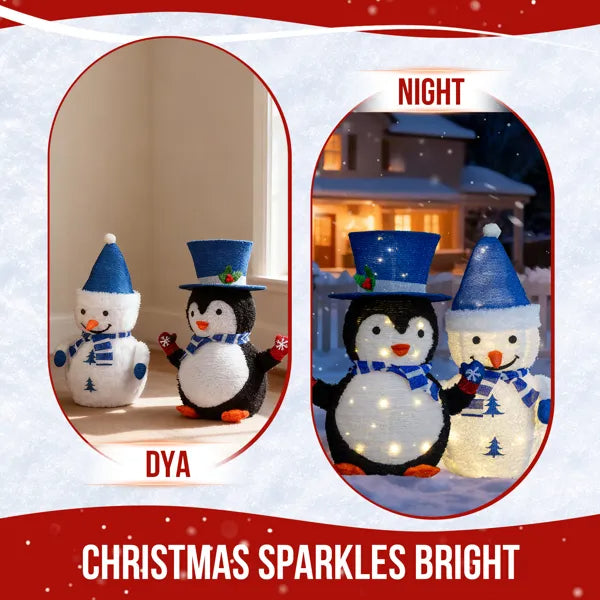 Set Of 2 Lighted Plush Penguin And Snowman Christmas Decorations, Pre-lit Pull Up Holiday Decor With 100 Warm White LED - view 5