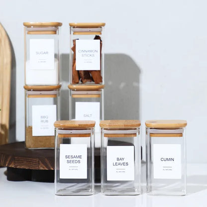 18 PCS Square Seasoning Jar Pepper Seasoning Bottle Pepper Powder Bottle 240ml Bamboo Wood Glass Seasoning Tank Square