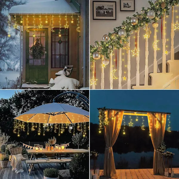 Ramadan Solar Icicle Lights,Outdoor Waterproof Moons Stars Curtain Window String With 8 Modes Timer Remote - view 3