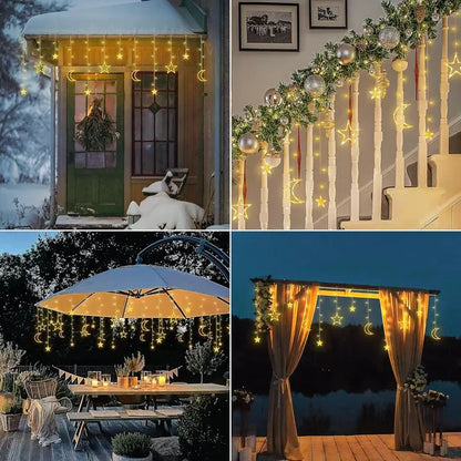 Ramadan Solar Icicle Lights,Outdoor Waterproof Moons Stars Curtain Window String With 8 Modes Timer Remote - view 3