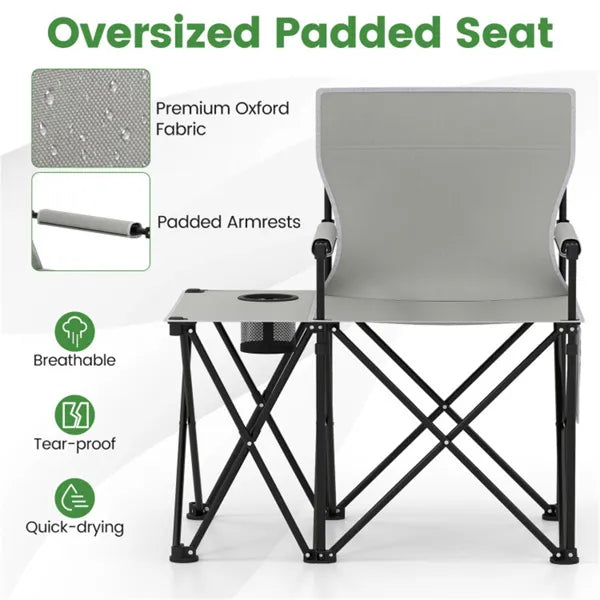 Oversized Foldable Camping Chair With Side Table & Cup Holder, 330 LBS Capacity For Outdoor Use-Gray - view 3