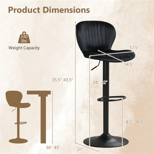 2-Pack Adjustable Height Bar Stools With 360° Swivel, Dutch Velvet Upholstered Bar Chai - Black - view 5