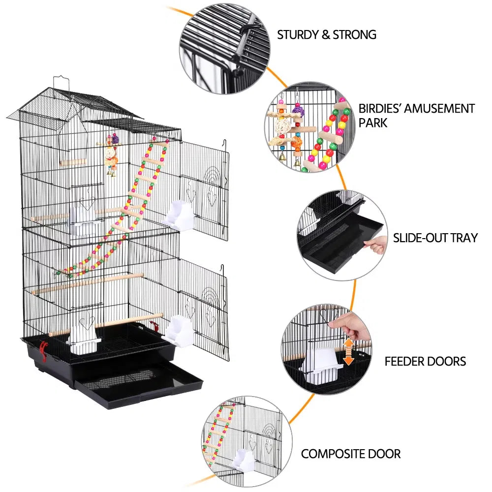 39" H Metal Bird Cage Large Roof Top Huge House for Small Birds, Black - view 2