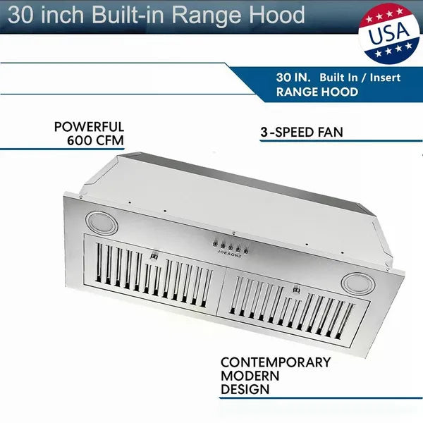 30 Inch Insert Range Hood 600 CFM; Built-in Stainless Steel Range Hoods With Right Button Controls And Back LED Lights