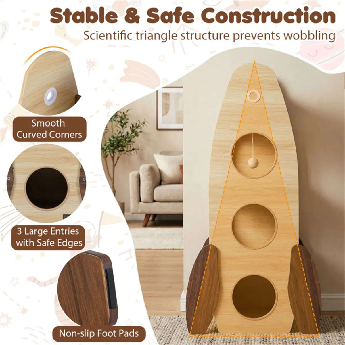4-Tier Rocket Shape Cat Tree with 2-Tier Condo Sisal Scratch Pad Hanging Pompom Natural+White - view 8