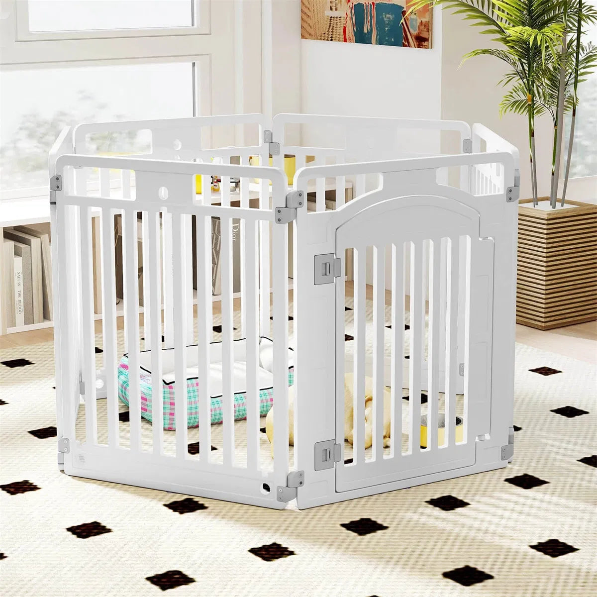 6-Panel HDPE Dog Playpen - Convertible Design (Playpen/Fence), Lockable Door, Suction Cups + Ground Stakes - view 7