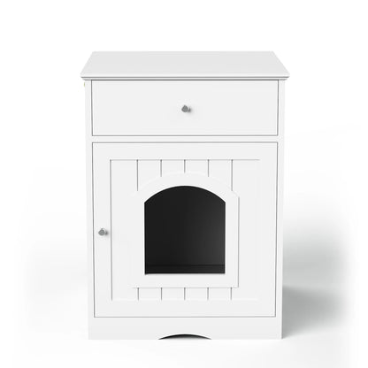 Wooden Pet House Cat Litter Box Enclosure with Drawer, Side Table, Indoor Pet Crate, Cat Home Nightstand (White) - view 6