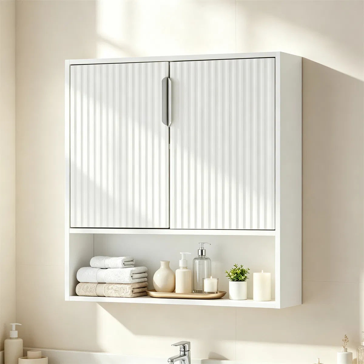 Wall Mounted Bathroom Cabinet, Modern Fluted Panel Storage Cabinet with Adjustable Shelf - view 3