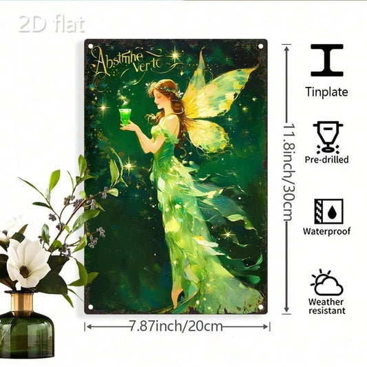 Vintage Fairy Metal Wall Decor 8x12 Inch, Magical Fairy With Cup Green & Golden Iron Sign - view 2
