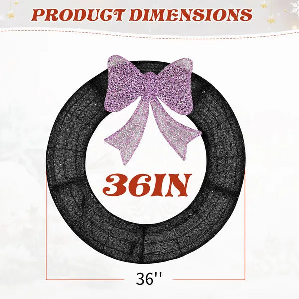 36in Pre-lit Outdoor Christmas Wreath Decoration, Lighted Metal Wreath With Purple Bow - view 2