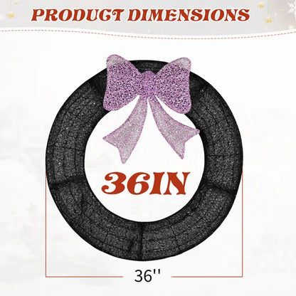 36in Pre-lit Outdoor Christmas Wreath Decoration, Lighted Metal Wreath With Purple Bow - view 2