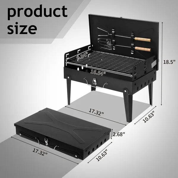 Barbecue Grill Outdoor Portable Charcoal Grill Collapsible Iron Square Charcoal Grill 17.32x10.63x8.66 Inch Black - view 5